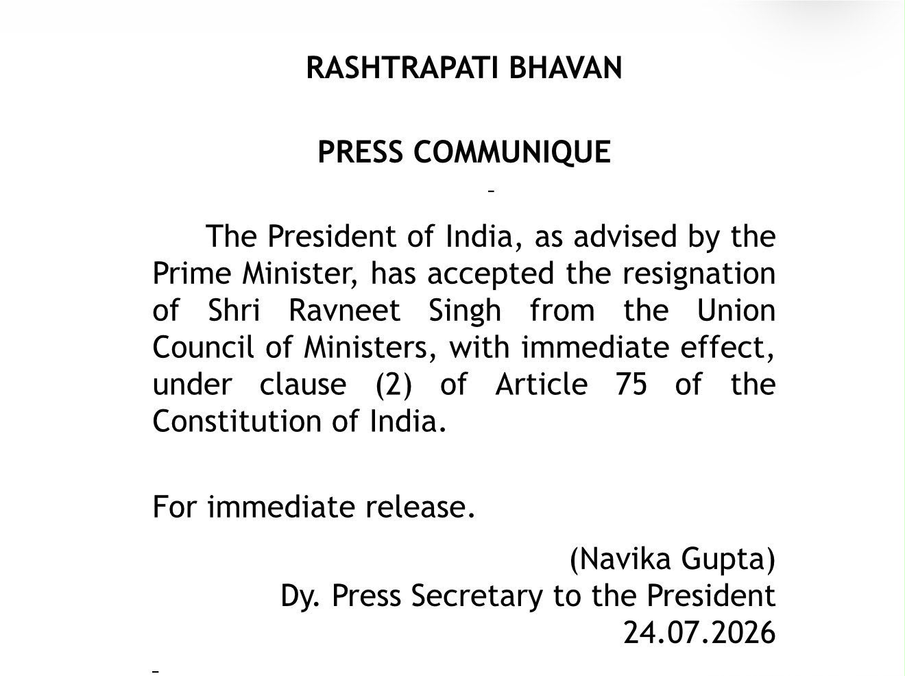 राष्ट्रपति ने केंद्रीय राज्य मंत्री रवनीत सिंह बिट्टू का इस्तीफा किया मंजूर